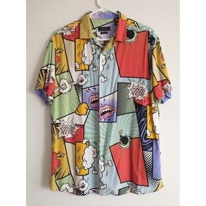 Zara Graphic Button Up Shirt Men M Multicolor Short Sleeve Comics Colorful
